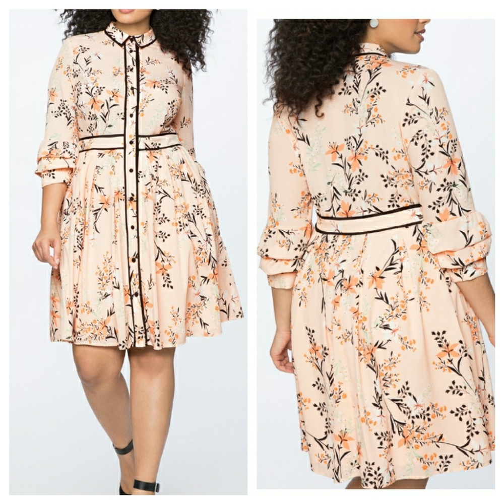 Eloquii Floral Midi Dress in Peach and Black